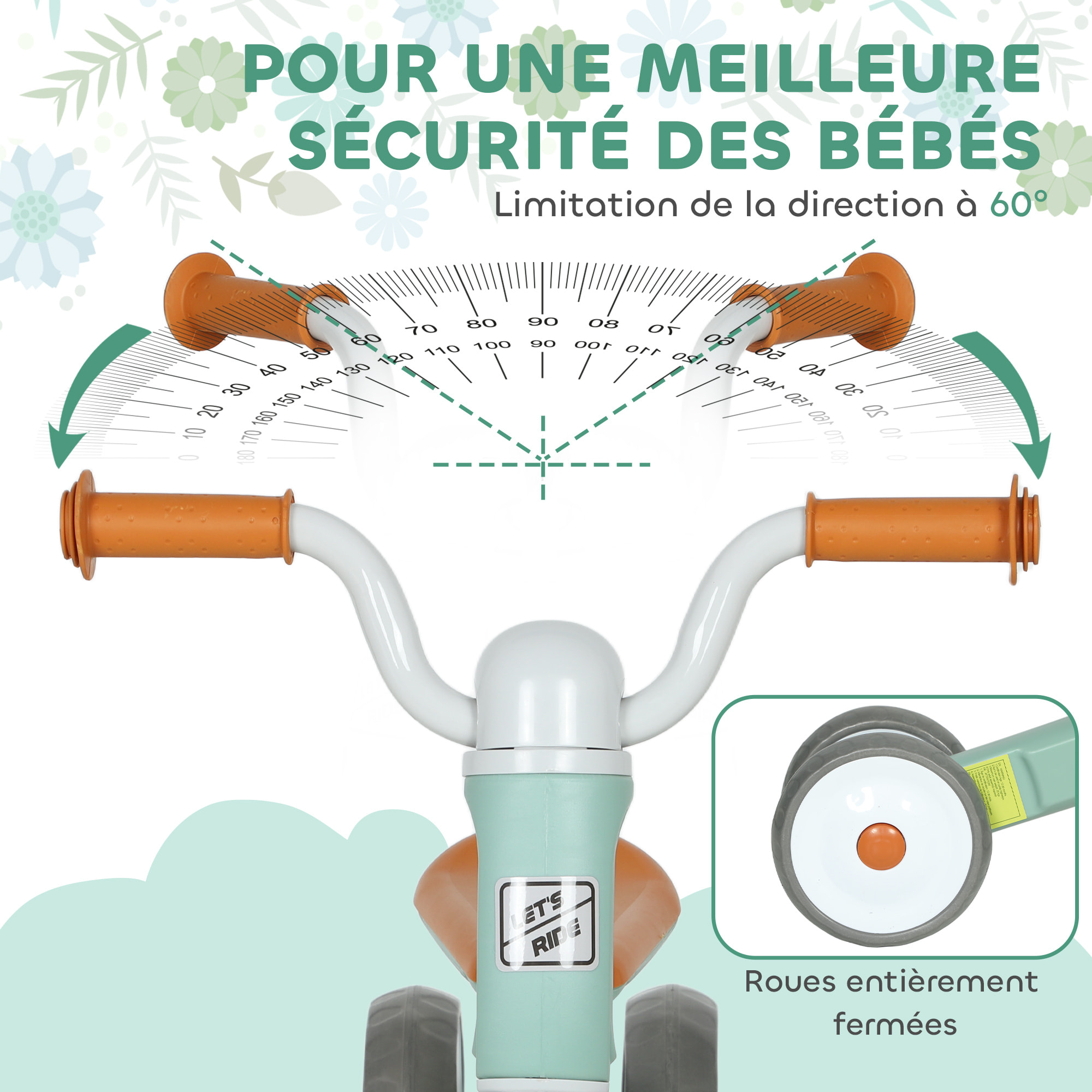 Draisienne 3 roues enfant 12-36 mois pneu EVA silencieux grande selle métal vert d'eau