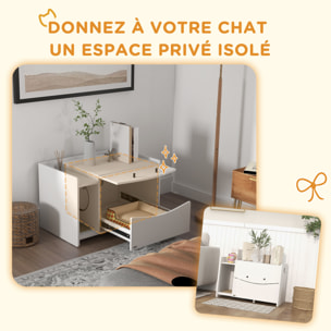 Maison de toilette pour chat - meuble cache litière - compartiment coulissant, aérations, tapis de fuite - blanc