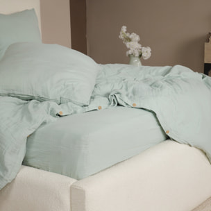 Parure housse de couette unie 100% gaze de coton - ava - vert givrée
