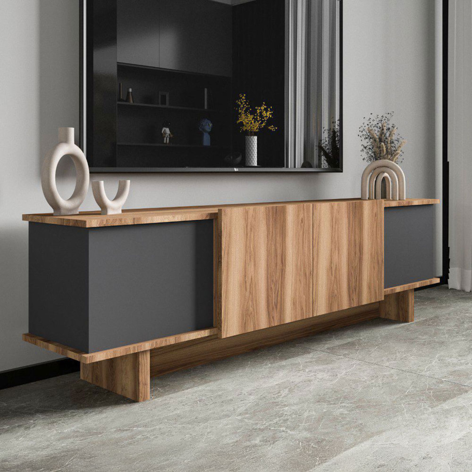 FALLS Meuble TV design avec placards aspect bois et gris anthracite 180cm