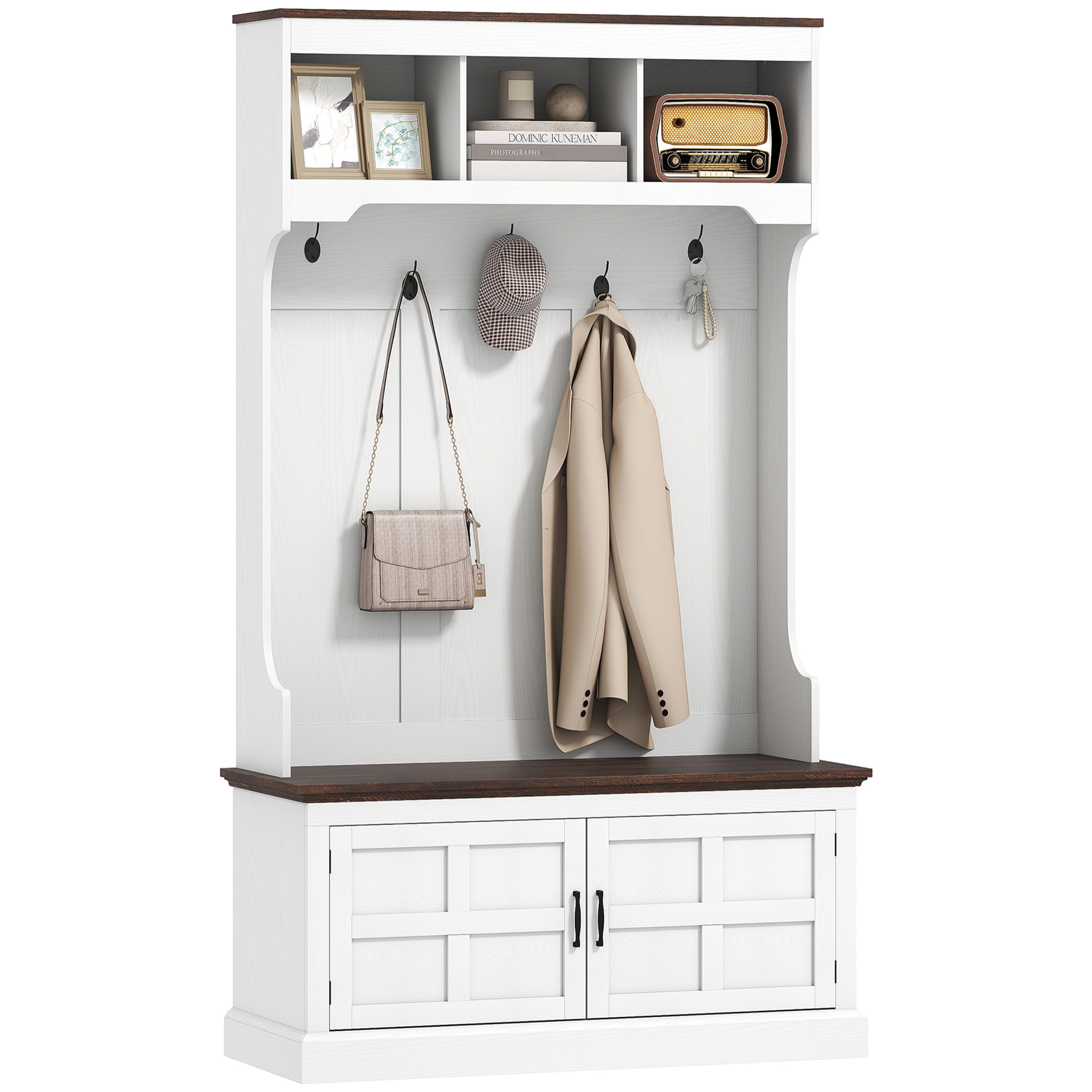 Perchero Zapatero, Perchero Entrada Recibidor con Banco Zapatero 5 Ganchos 3 Estantes Armario y Compartimentos Estilo Rústico para Pasillo Dormitorio Salón 105x40x180 cm Blanco