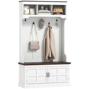 Perchero Zapatero, Perchero Entrada Recibidor con Banco Zapatero 5 Ganchos 3 Estantes Armario y Compartimentos Estilo Rústico para Pasillo Dormitorio Salón 105x40x180 cm Blanco