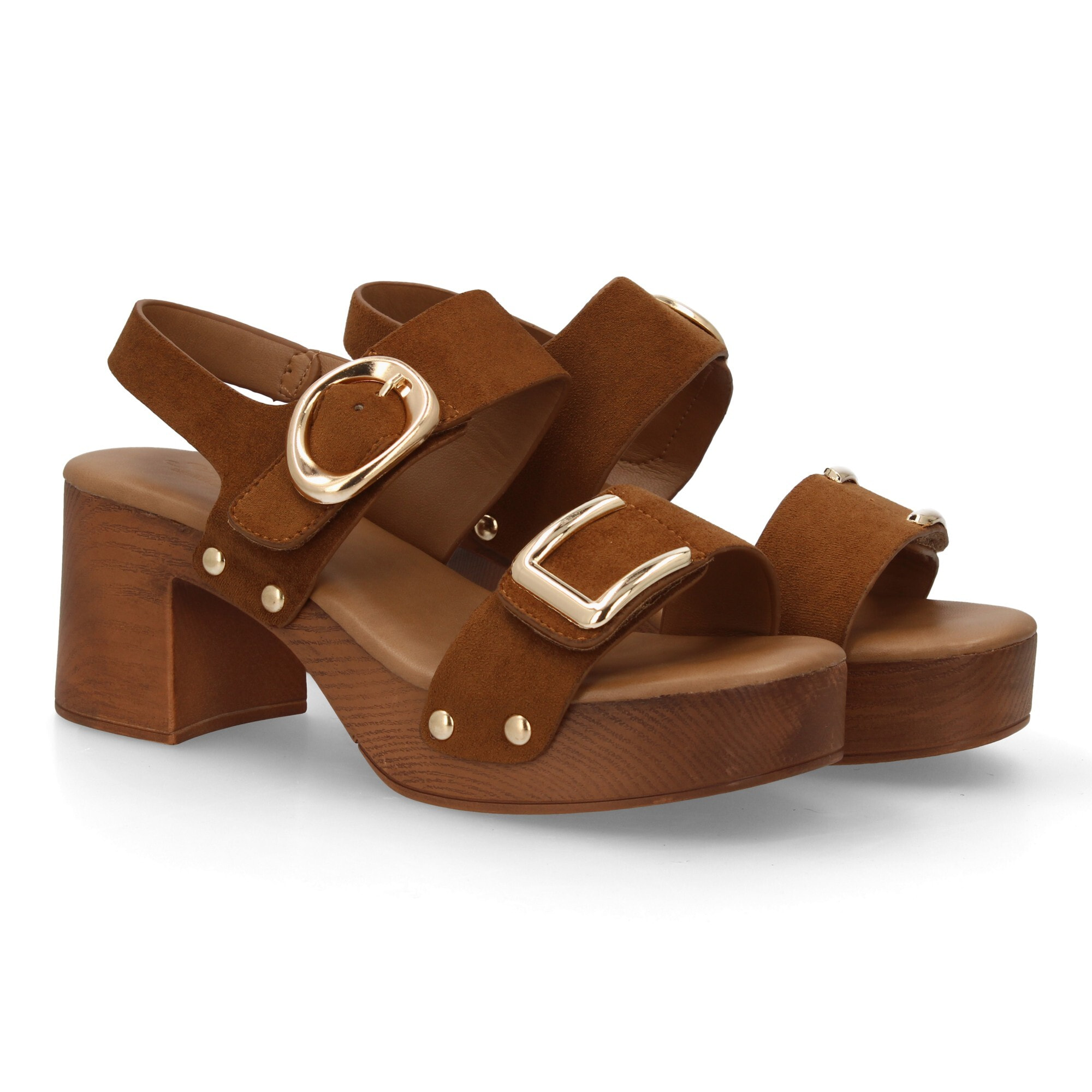 Sandalia plataforma hebillas mujer madera y tachuelas