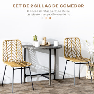 Pack de 2 Sillas de Comedor de Ratán Sintético Sillas de Cocina de Mimbre con Patas de Acero para Salón Dormitorio Carga 120 kg 44x58x85 cm Natural