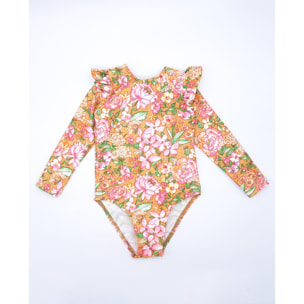 Bañador de manga larga de ocre flore rosa, con volantes.