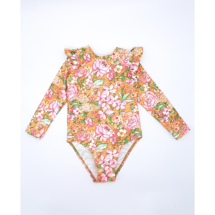 Bañador de manga larga de ocre flore rosa, con volantes.