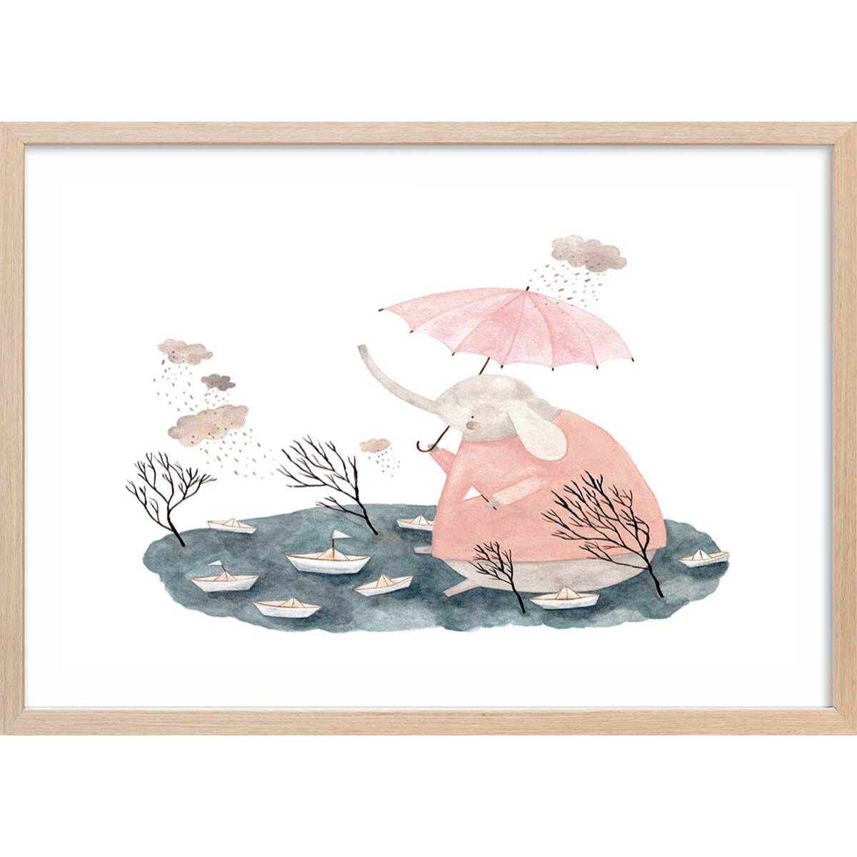Affiche enfant jour de pluie chez madame éléphant  Affiche + cadre en bois - Chêne
