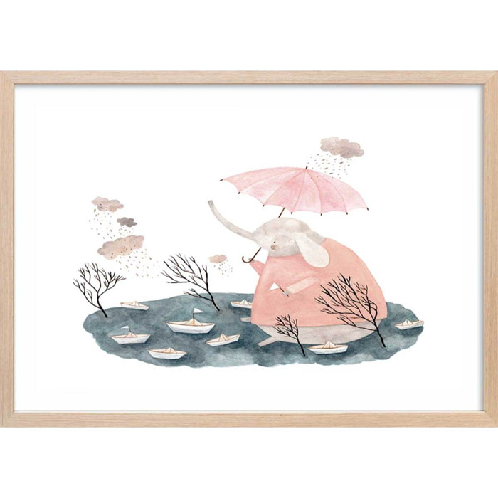 Affiche enfant jour de pluie chez madame éléphant  Affiche + cadre en bois - Chêne