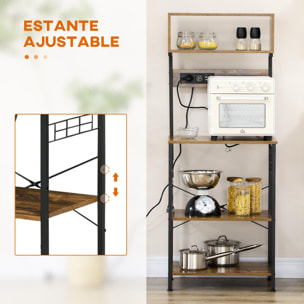 Estantería de Cocina con 2 Cargadores USB Estantería para Microondas Mueble Auxiliar de Cocina con Toma de Corriente 5 Ganchos y Estante Ajustable 60x42x153 cm Marrón Rústico