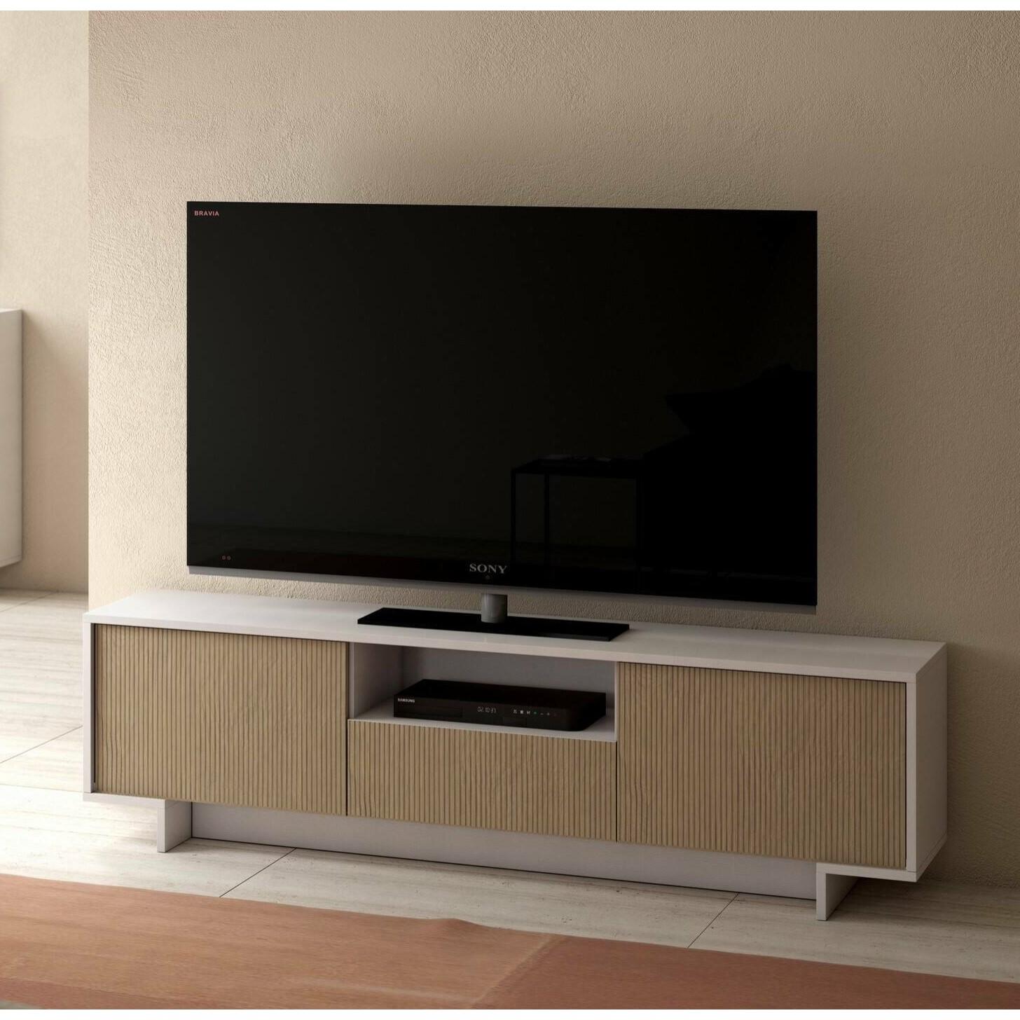 Mobile Porta TV Darrighin, Supporto per televisione da salotto, Credenza bassa da soggiorno a 2 ante e 1 cassetto, 100% Made in Italy, 170x42h48 cm, Bianco e Beige