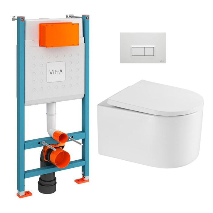 Pack WC Bâti-support V-Fix + WC sans bride SAT + Abattant SoftClose + Plaque, Blanc Brillant (V-FixDelanoTQ-1)