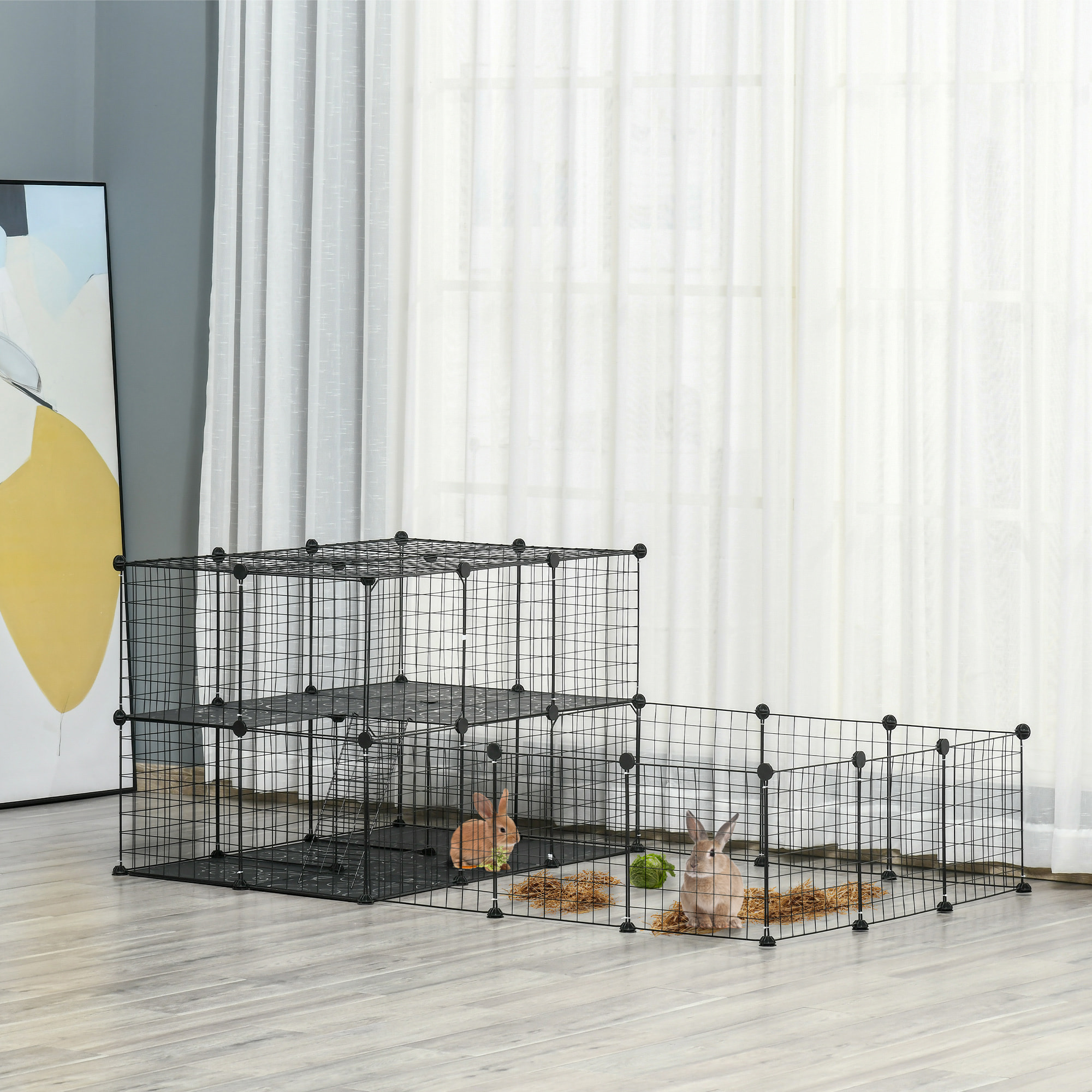 Cage parc enclos rongeurs modulable dim. L 175 x l 105 x H 70 cm 2 niveaux 2 portes rampe résine PP fil métallique noir