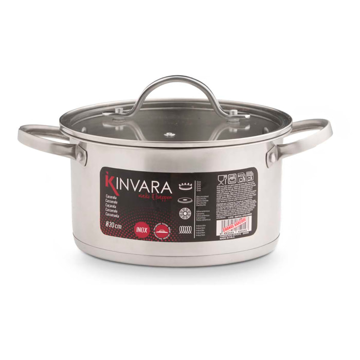 Casseruola in acciaio inox con coperchio in vetro. 20cm di diametro.