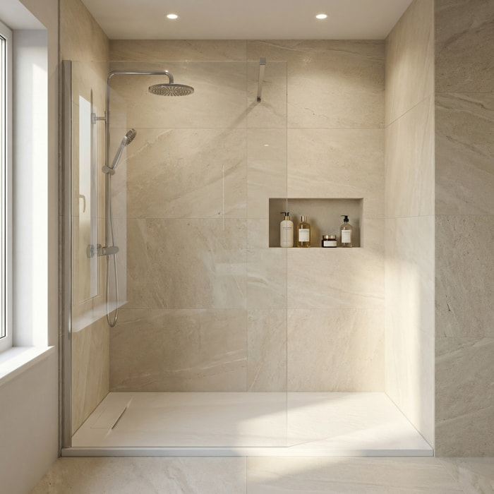 PixL 140x90 cm receveur de douche rectangulaire à poser en résine composite, surface effet pierre, blanc (CERAPX14090W) :