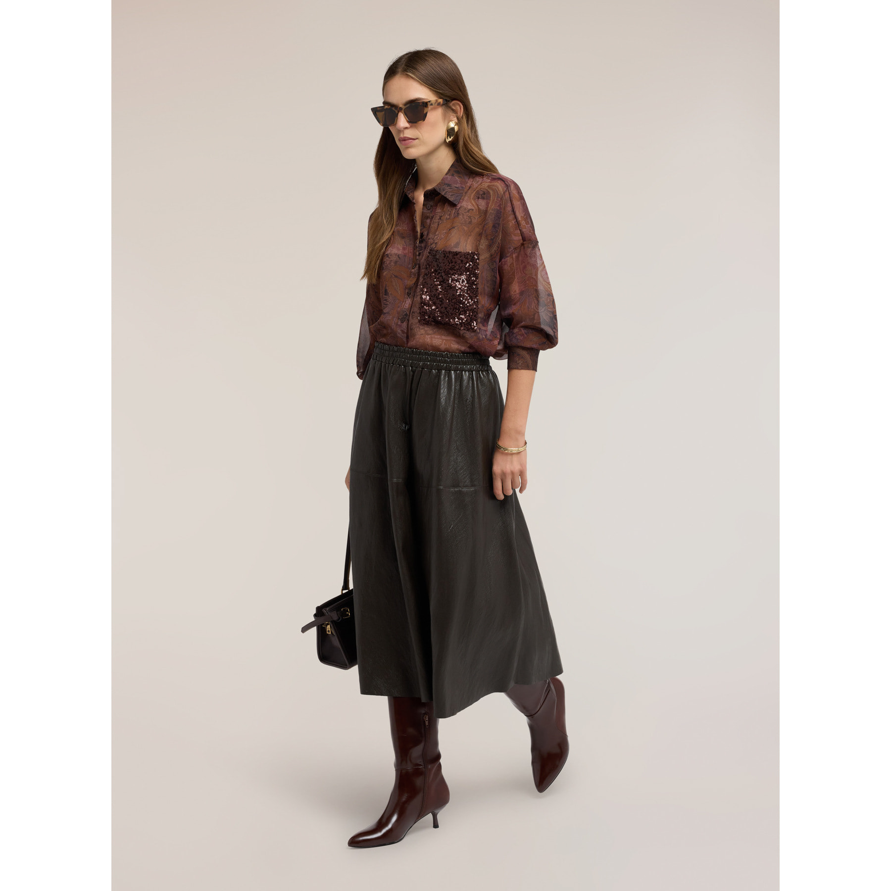 Motivi - Camicia in chiffon e tasca paillettes - Marrone