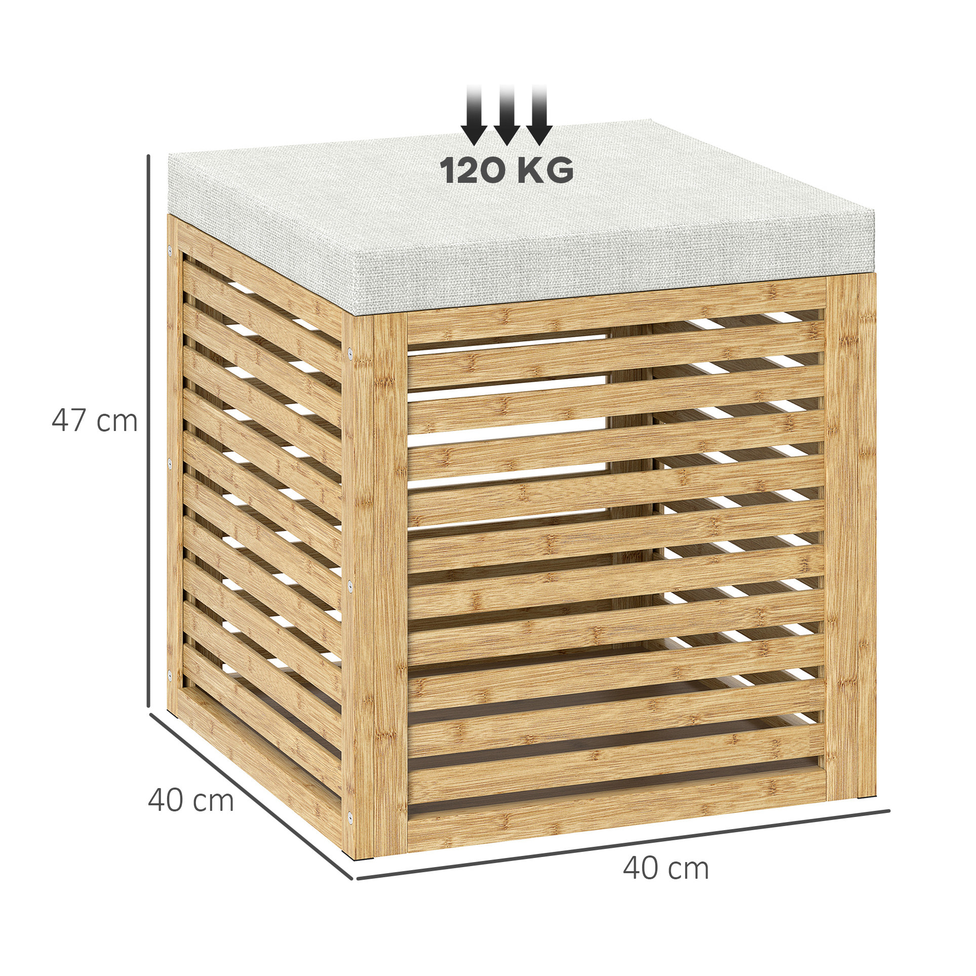 Baúl de Almacenaje para Dormitorio 54,7L Taburete de Almacenaje Tapizado en Lino Sintético con Cojín Marco de Bambú para Entrada Salón 40x40x47 cm Gris y Natural