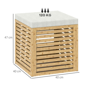 Baúl de Almacenaje para Dormitorio 54,7L Taburete de Almacenaje Tapizado en Lino Sintético con Cojín Marco de Bambú para Entrada Salón 40x40x47 cm Gris y Natural