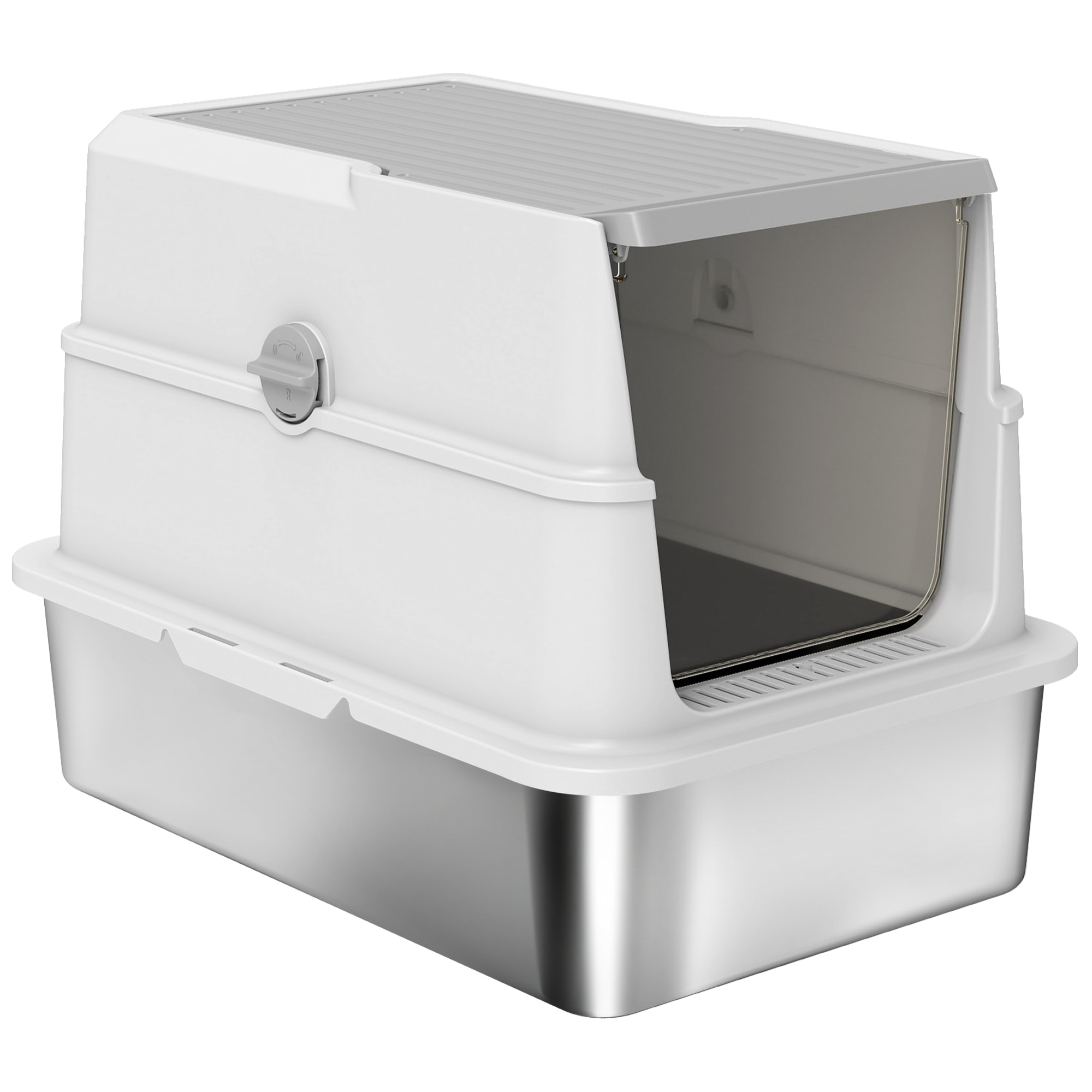 Maison de toilette XL bac litière acier inox porte pelle gris clair