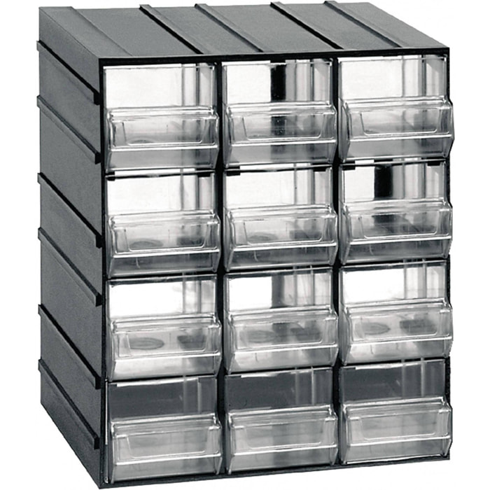 Cassettiera portaminuteria a 12 cassetti, Organiser portaoggetti con cassetti trasparenti, 100% Made in Italy, cm 19x15h23, colore Nero