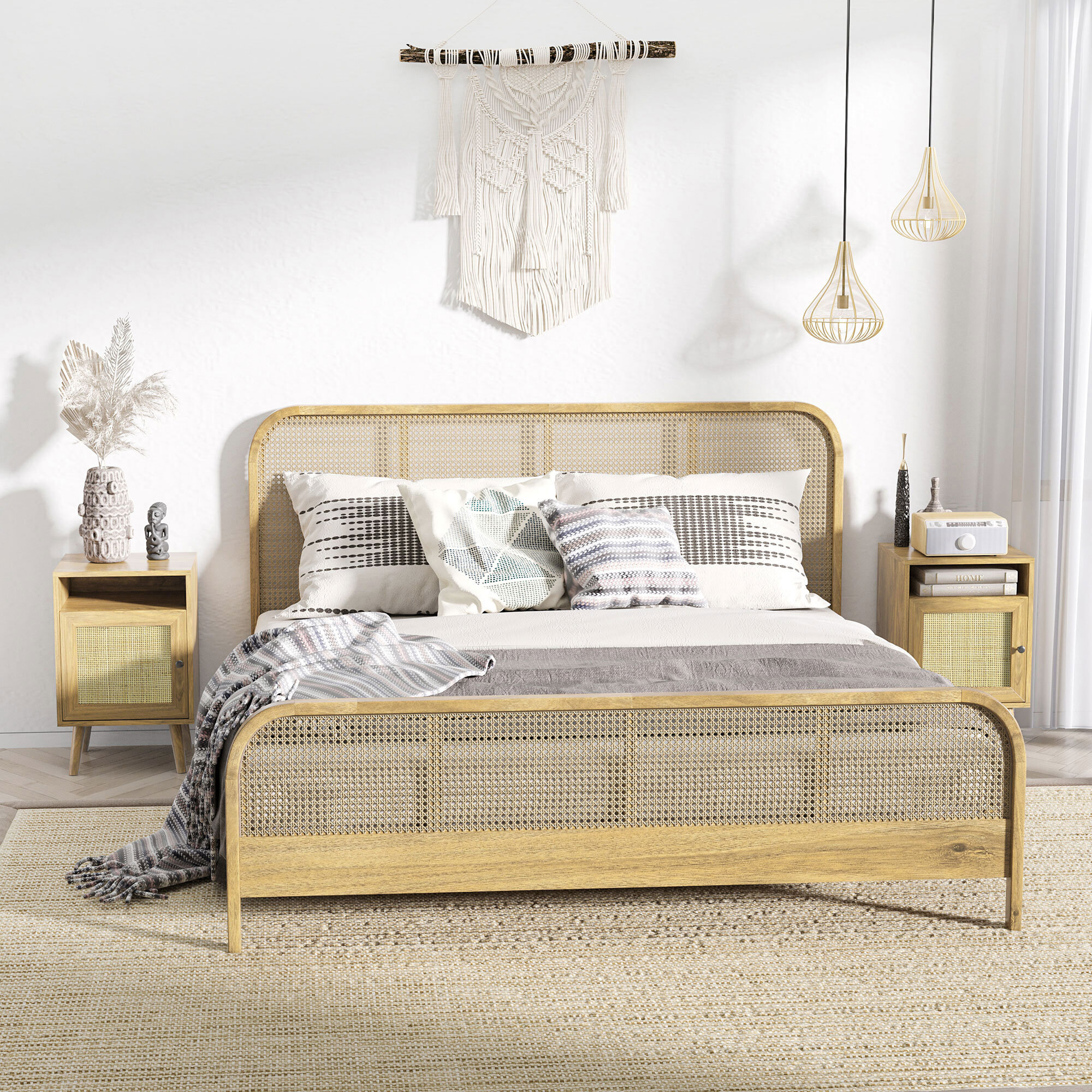 Conjunto de 2 Mesitas de Noche Mesillas de Noche con Puertas de Ratán Compartimientos Abiertos y Antivuelco Mesas Auxiliares para Dormitorio Salón 39x35x60 cm Natural