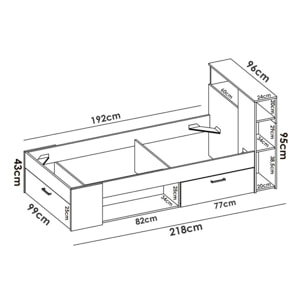 Letto per bambini Cristallo, Lettino per cameretta con testiera, Struttura per letto singolo con cassetto e scaffali, 218x99h96 cm, Bianco