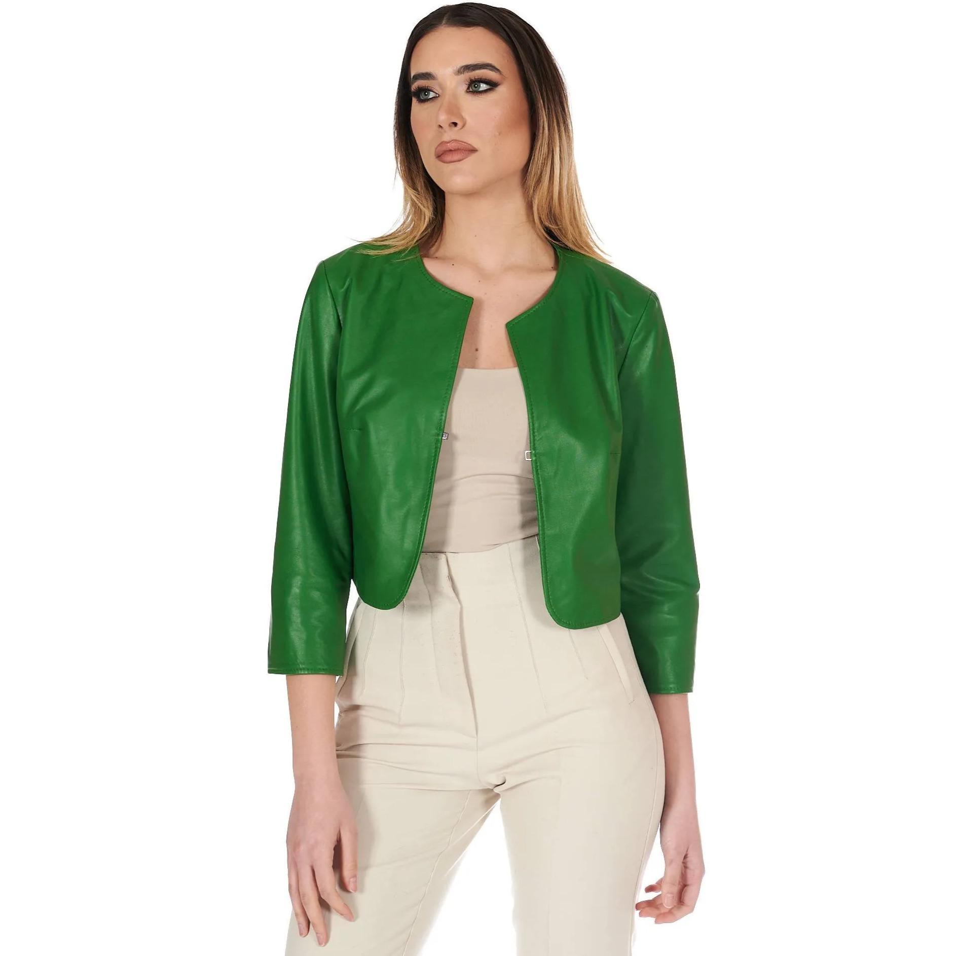 Giacca corta bolero in pelle verde menta girocollo