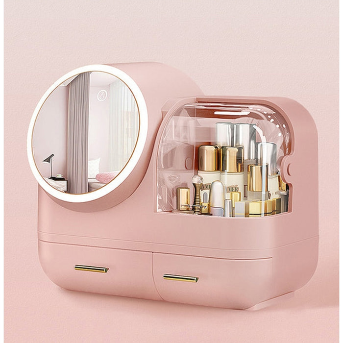 Caja organizadora de almacenamiento de maquillaje con espejo con luz led rosa