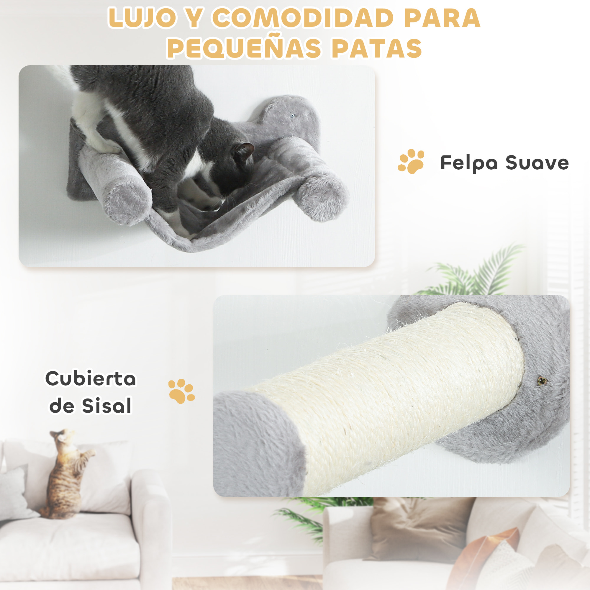 Juego de Pared de Escalada para Gatos de 6 Piezas Estanterías para Gatos con Condominio Plataforma Hamaca Escaleras Percha Tabla Rascador Poste de Sisal Bola de Juguete Gris