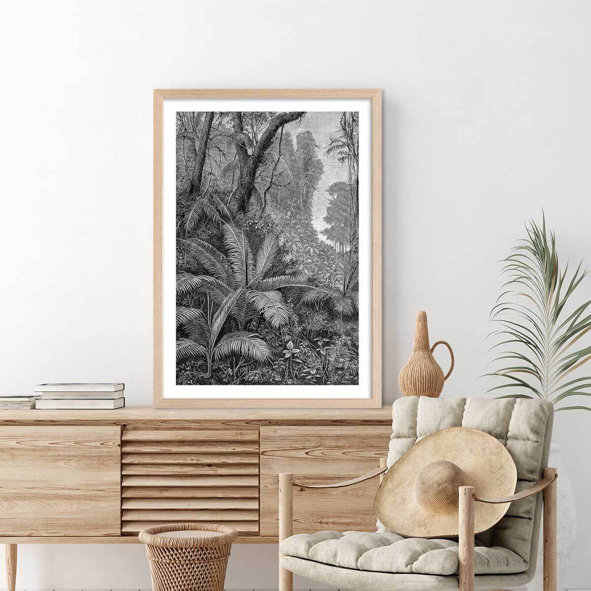 Affiche paysage jungle indienne Affiche + cadre en bois - Chêne