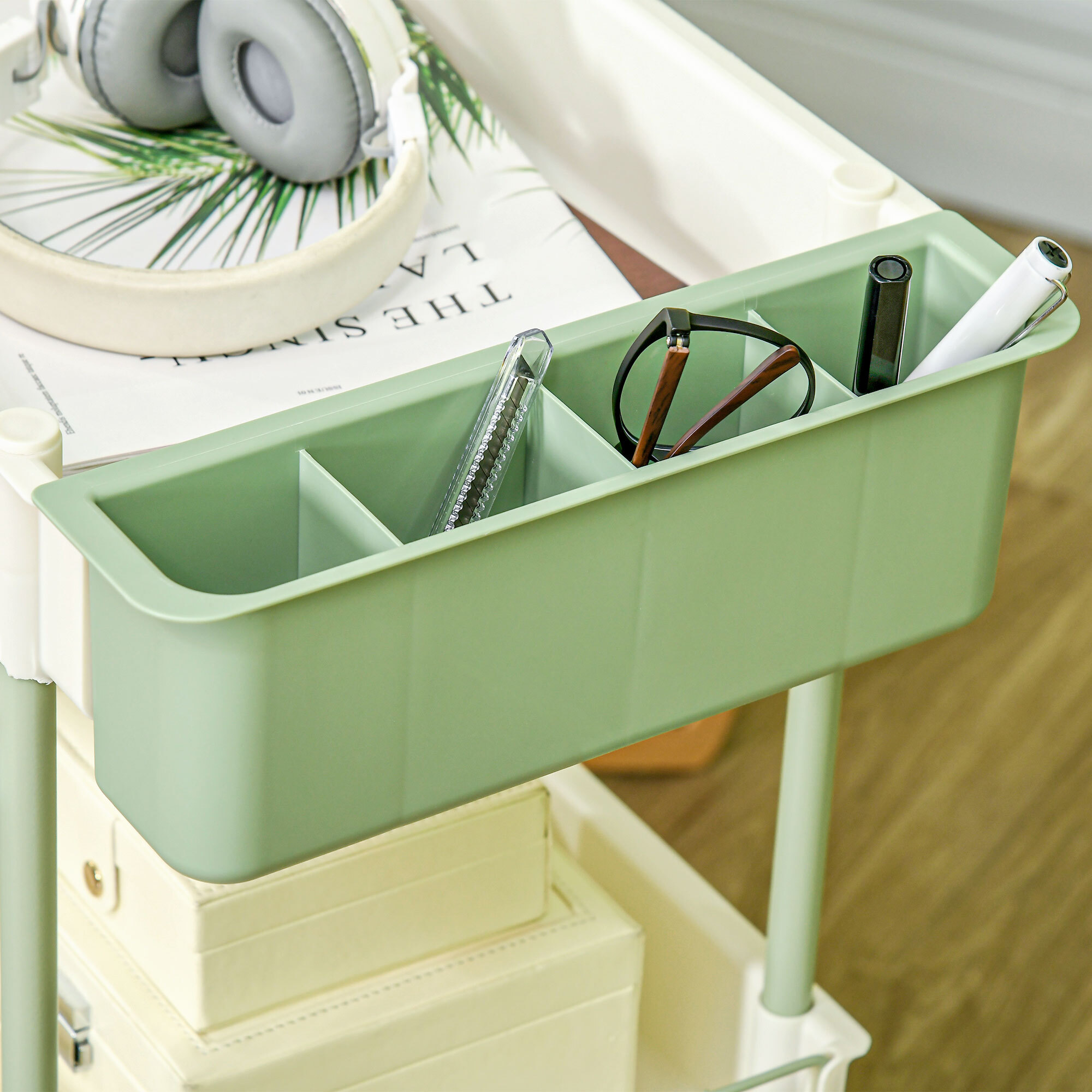 Desserte de salle de bain 3 étagères + rangement 4 compartiments acier PP blanc vert