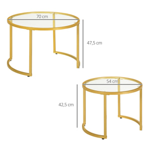 Lot de 2 tables basses gigognes rondes style art déco - acier doré verre trempé 5 mm