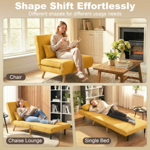 Sofá Cama Individual 3 en 1, Sillón Cama Plegable con Respaldo Ajustable en 5 Posiciones, Asiento Amplio, Almohada Acolchada, Patas de Madera, 72x75x85 cm, Amarillo