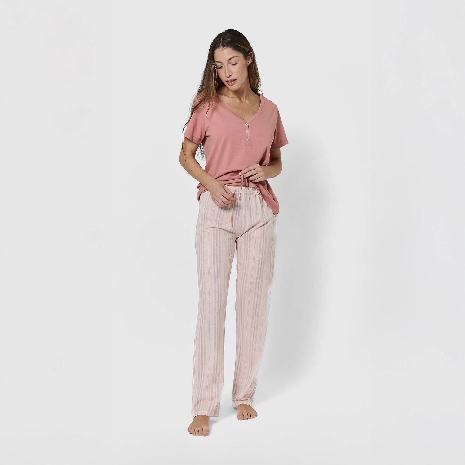 Pigiama lungo di cotone, maniche corte, scollo a v, a righe rosa