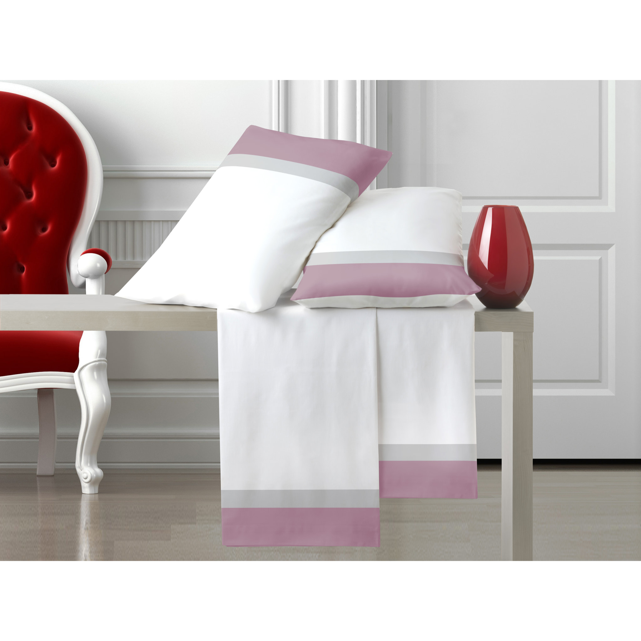 Completo letto doppia balza RASO IPERSAN Puro Cotone Malva/Grigio CH fondo Bianco
