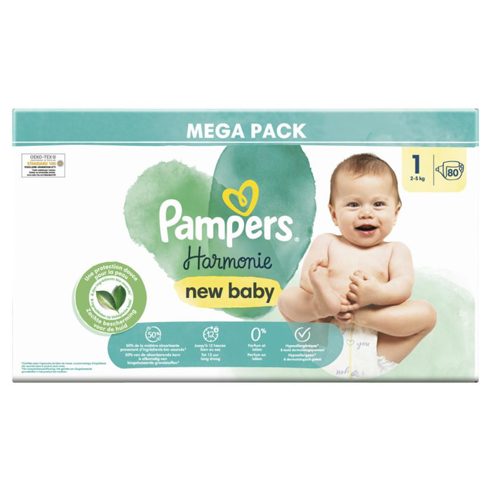80 Couches Pampers Harmonie, Taille 1, 2-5 kg