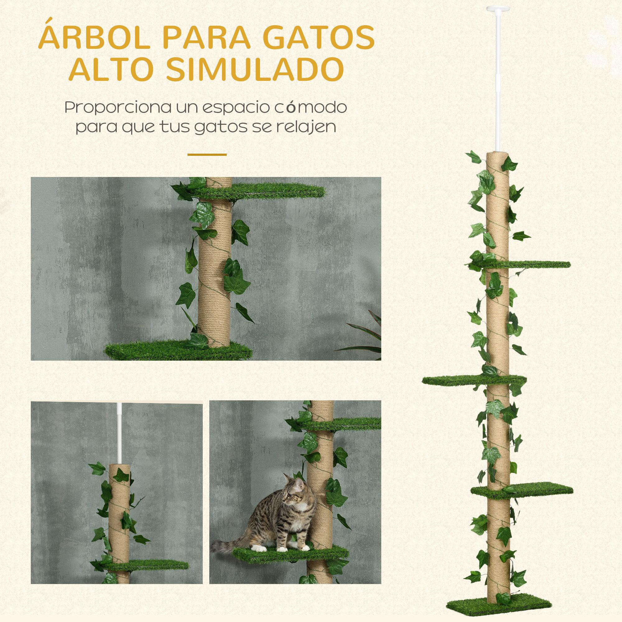 Árbol para Gatos del Suelo al Techo 37x21x202-242 cm Torre para Gatos con Altura Ajustable 4 Plataformas de Césped Artificial Hojas Artificiales y Poste de Yute Verde