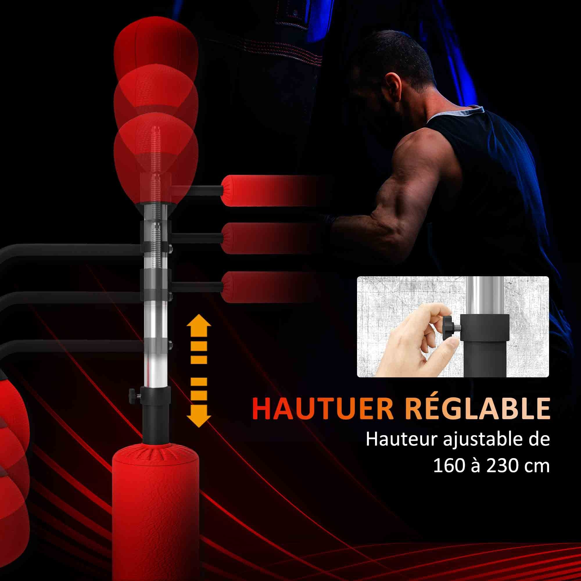 Sac de frappe boxe autoportant punching ball brunier 3 en 1 revêtement synthétique dim. 88L x 50l x 160-230H cm rouge