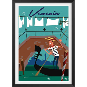 Affiche Gondole à Venise Affiche + cadre en bois - Noir