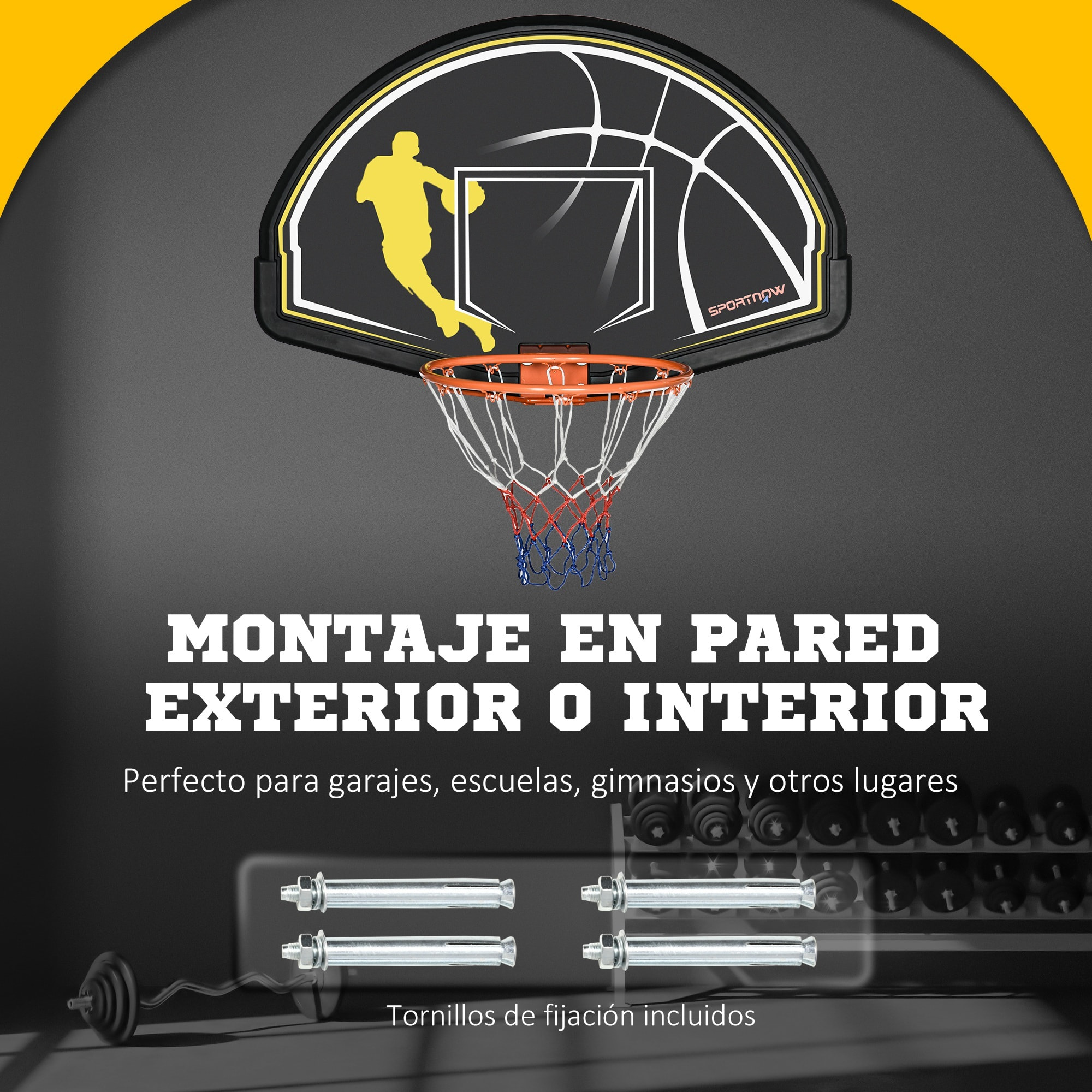 Canasta de Baloncesto de Pared Tablero de Baloncesto Aro de Baloncesto para Interior y Exterior 110x90x70 cm Negro y Amarillo