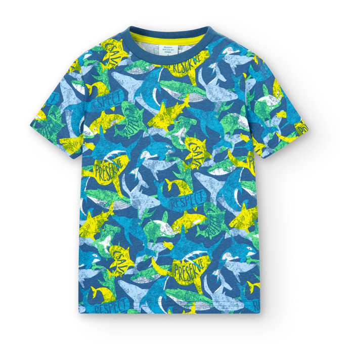 Camiseta estampada niño, algodón, mangas cortas, azul Ã­ndigo