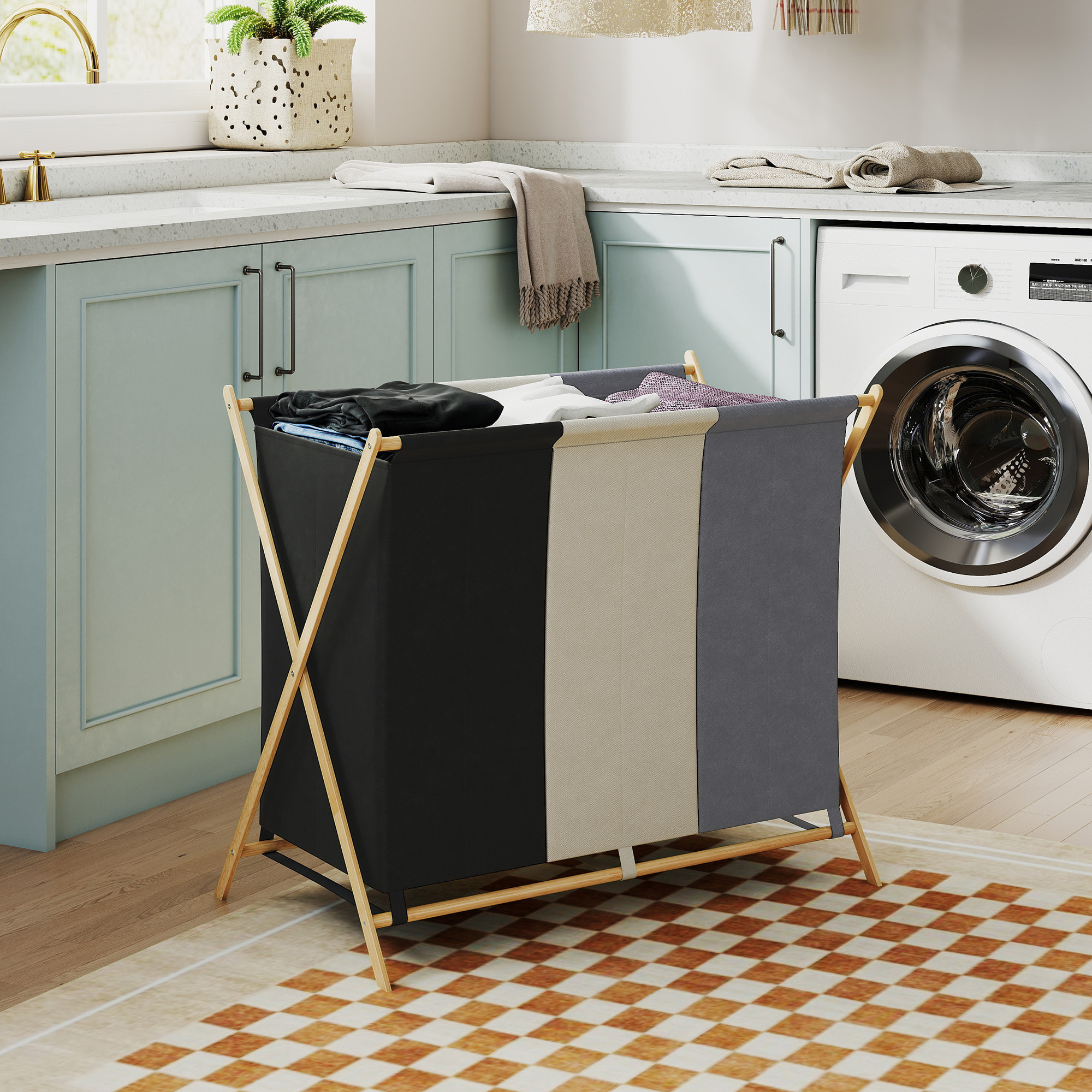 Cesto para Ropa Sucia Plegable con 3 Compartimentos Capacidad de 129L Cesta para la Colada con Estructura Forma de X de Bambú y Bolsas Extraíbles 75x48x67 cm Multicolor