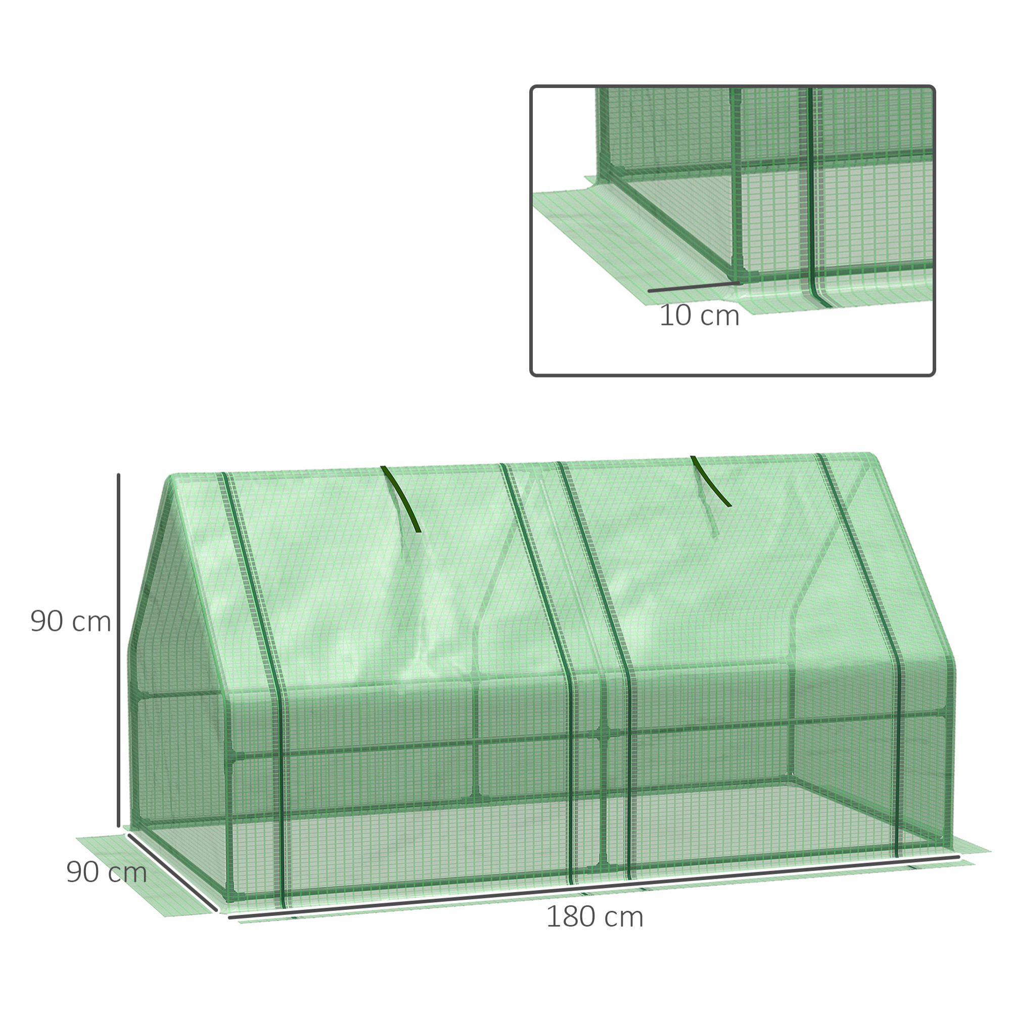 Mini serre de jardin serre à tomates dim. 180L x 90l x 90H cm acier PE haute densité 140 g/m² anti-UV 2 fenêtres zippées enroulables vert