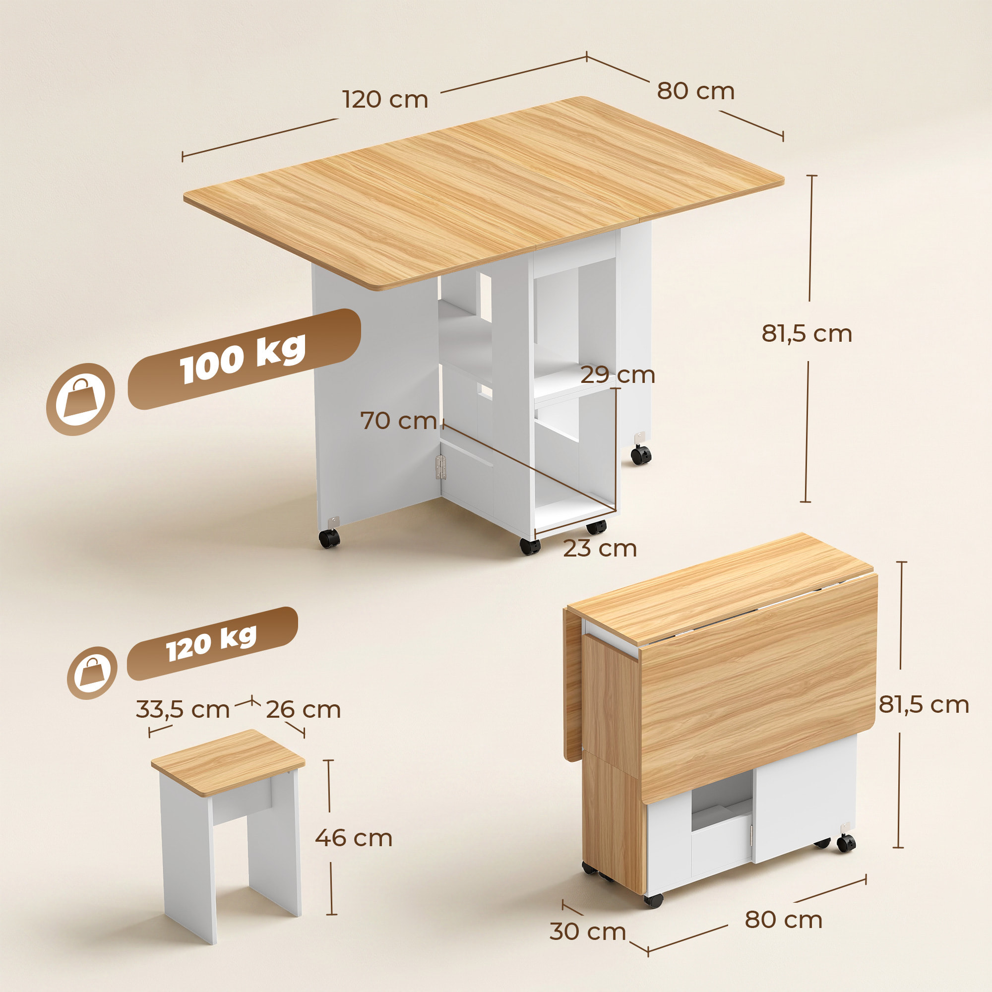 HOMCOM Conjunto Mesa y 4 Sillas de Comedor, Mesa de Comedor Plegable con Taburetes Ocultos, 2 Alas Abatibles, Ruedas, Estantes, Ahorro de Espacio, para 4-6 Personas, Roble
