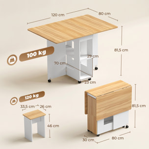 HOMCOM Conjunto Mesa y 4 Sillas de Comedor, Mesa de Comedor Plegable con Taburetes Ocultos, 2 Alas Abatibles, Ruedas, Estantes, Ahorro de Espacio, para 4-6 Personas, Roble
