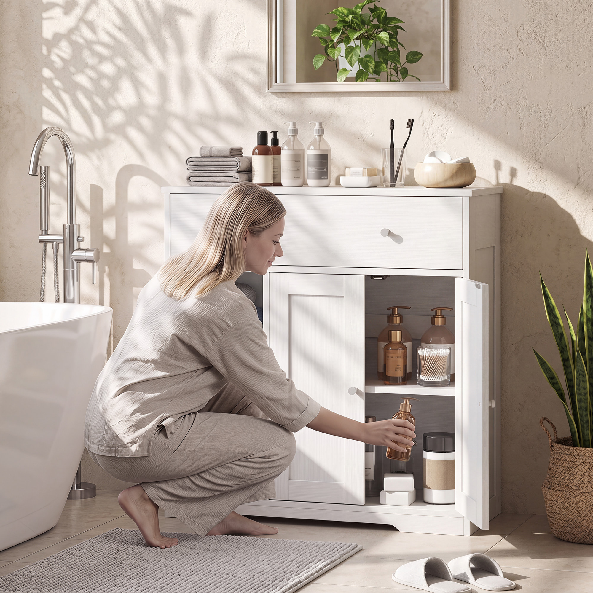 Armario de Baño Estrecho, Mueble Auxiliar de Baño con Cajón, 2 Puertas y 3 Estantes Abiertos, Ahorro Espacio, 80x30x80,2 cm, para Cocina, Salón o Despacho, Blanco Veteado