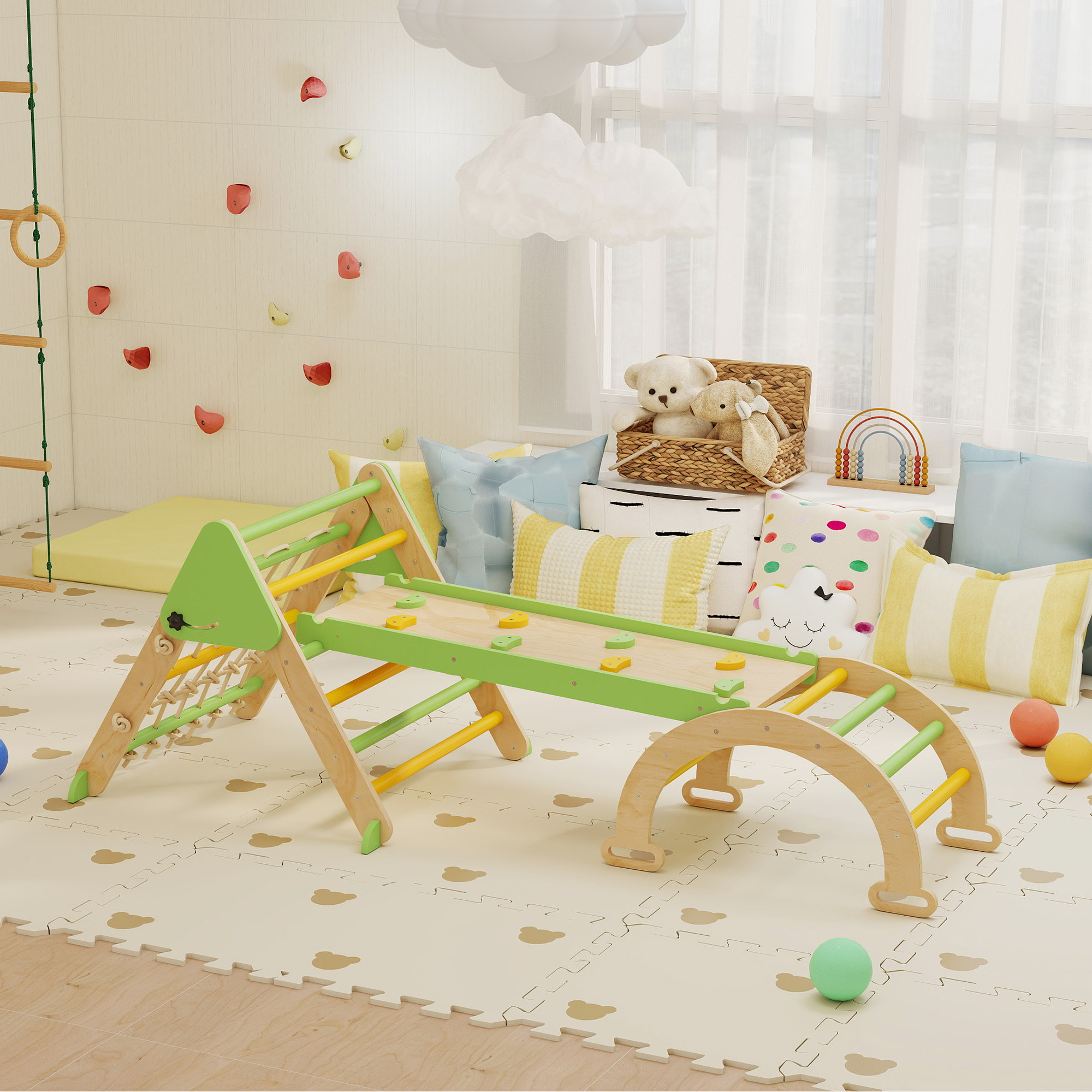 Triangle d'escalade enfant pliable 8 en 1 - aire de jeu enfant - bois vert