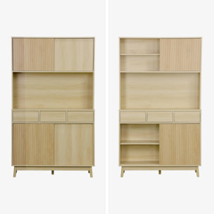 Buffet de cuisine LINEAR décor bois 4 portes 3 tiroirs 110 cm. Naturel. pieds en bois de pain revêtement papier