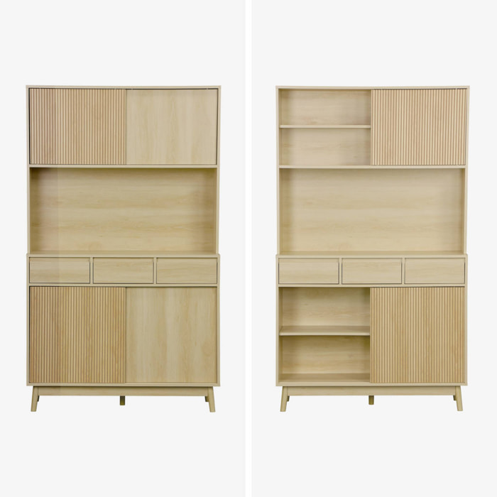 Buffet de cuisine LINEAR décor bois 4 portes 3 tiroirs 110 cm. Naturel. pieds en bois de pain revêtement papier