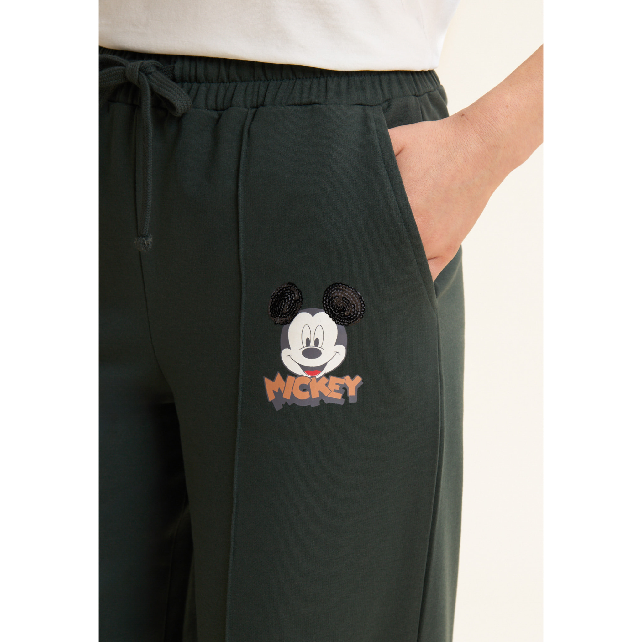 Pantaloni sportivi neri con gamba ampia e stampa Mickey Mouse