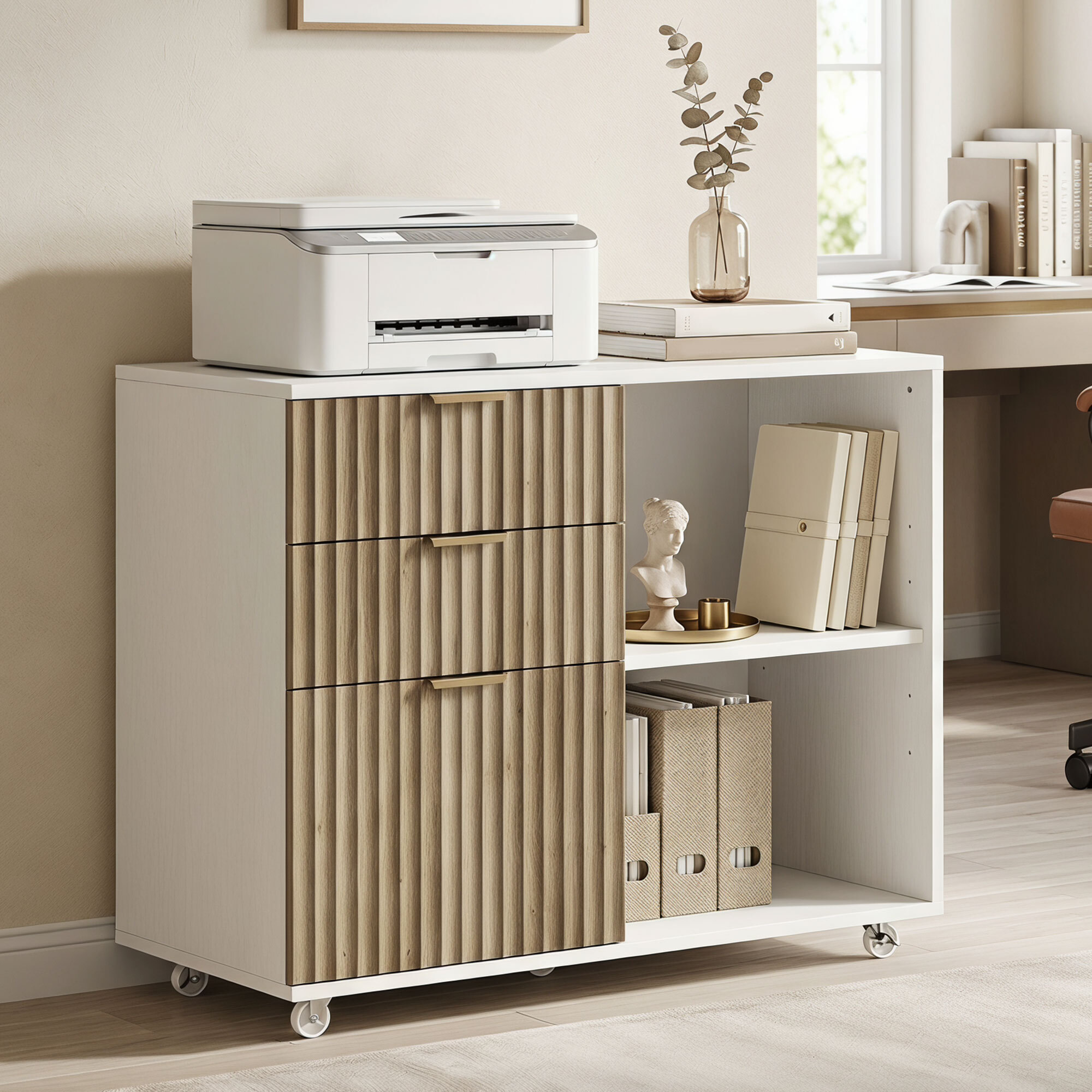 Mueble para Impresora con Ruedas, Mesa para Impresora con 3 Cajones, Barra Ajustable, 2 Estantes Abiertos para Documentos Tamaño A4, Carta, Archivador Móvil para Oficina en Casa, Blanco y Roble